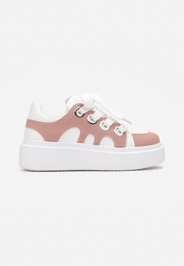 Renee - Biało-Różowe Sneakersy na Platformie Schiltes. Nosek buta: okrągły. Zapięcie: sznurówki. Kolor: różowy. Materiał: materiał. Sezon: jesień, wiosna. Obcas: na platformie. Wysokość obcasa: niski