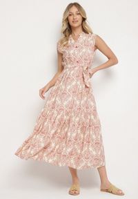 Born2be - Różowa Wiskozowa Sukienka Bez Rękawów z Wiązanym Paskiem Filimea. Okazja: na co dzień. Typ kołnierza: dekolt w kształcie V. Kolor: różowy. Materiał: wiskoza. Długość rękawa: bez rękawów. Typ sukienki: proste. Styl: casual, elegancki #1