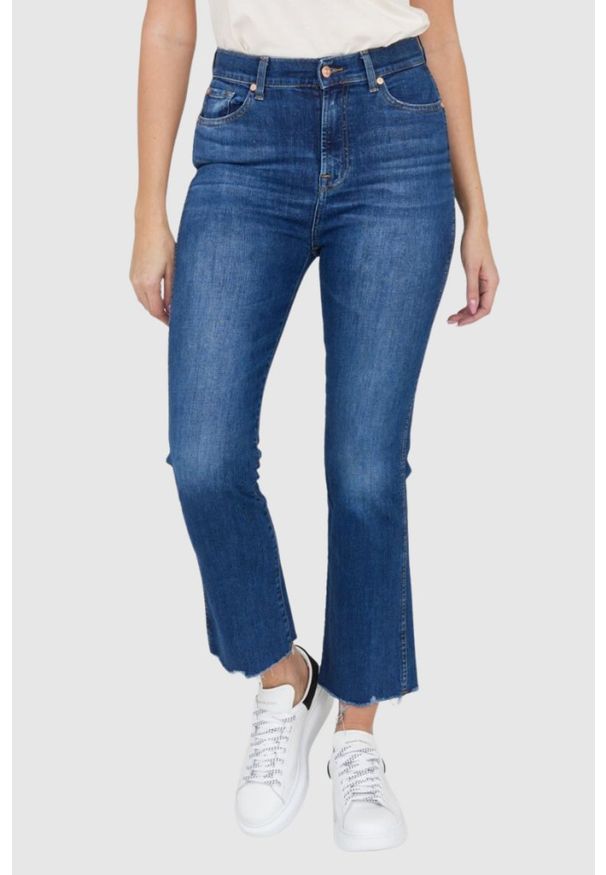 7 FOR ALL MANKIND Ciemnoniebieskie jeansy damskie z poszarpanymi nogawkami HW Slim Kick, Rozmiar 30. Kolor: niebieski