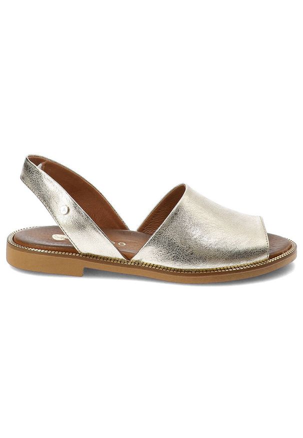 Złote Sandały Armodo Stylowe Buty Damskie. Zapięcie: pasek. Kolor: złoty. Wzór: aplikacja. Styl: elegancki