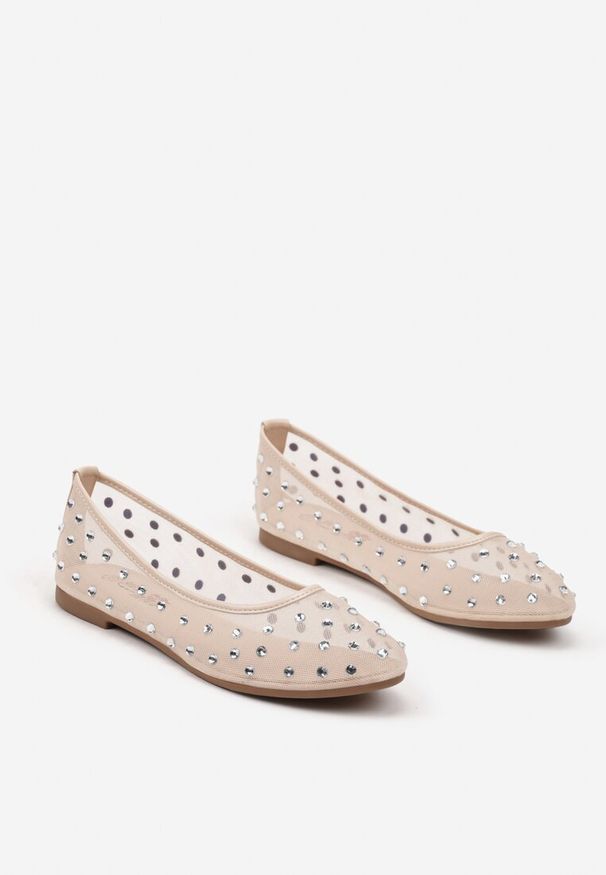 Renee - Beżowe Balerinki Siateczkowe z Cyrkoniami All Over Annilea. Okazja: na co dzień. Kolor: beżowy. Materiał: materiał, jeans. Wzór: aplikacja. Styl: elegancki, casual