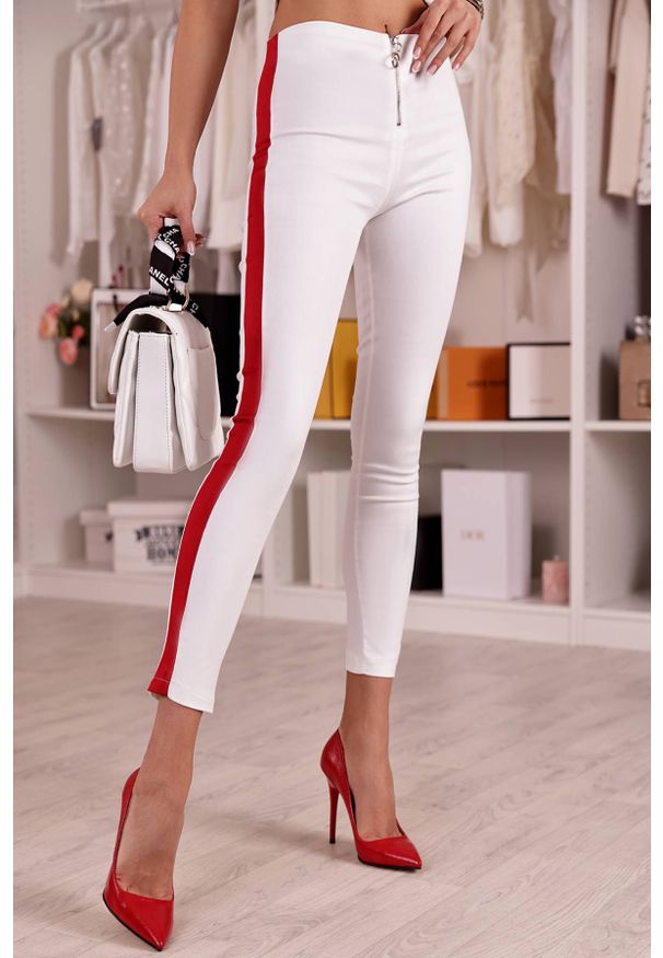 IVET - Spodnie damskie GERNA WHITE/RED. Stan: podwyższony. Kolor: wielokolorowy, biały, czerwony. Materiał: lycra, bawełna