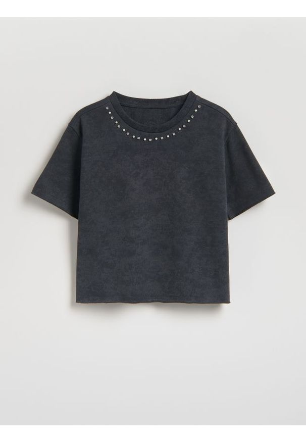 Reserved - T-shirt z aplikacją - ciemnoszary. Kolor: szary. Materiał: bawełna. Wzór: aplikacja