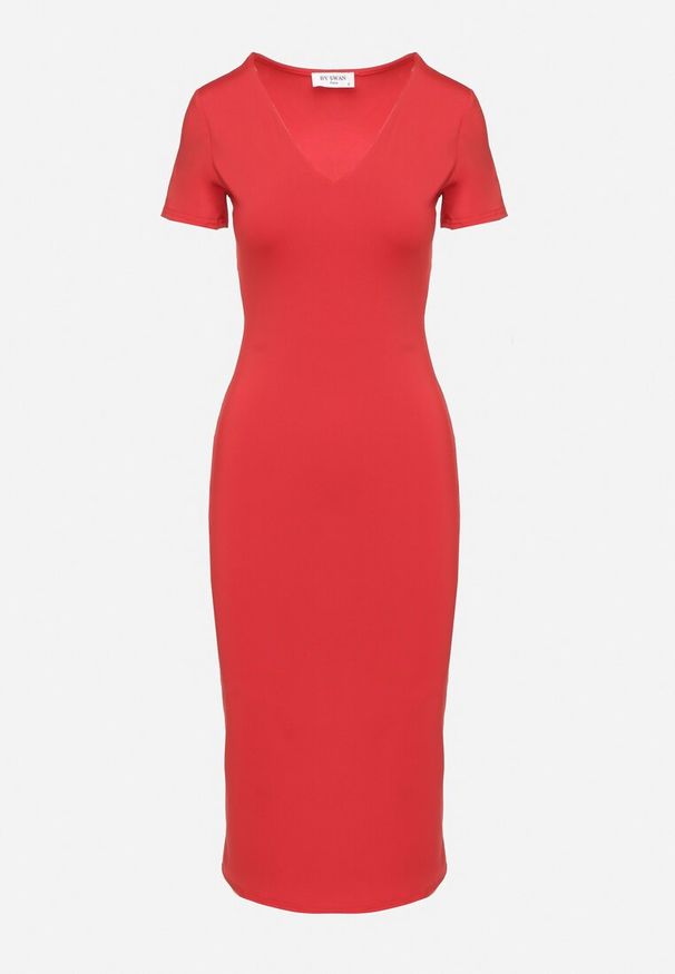 Born2be - Czerwona Sukienka Dopasowana Bodycon z Dekoltem w Serek Efricene. Okazja: na co dzień. Typ kołnierza: dekolt w serek. Kolor: czerwony. Materiał: jeans. Długość rękawa: krótki rękaw. Typ sukienki: bodycon. Styl: casual, klasyczny