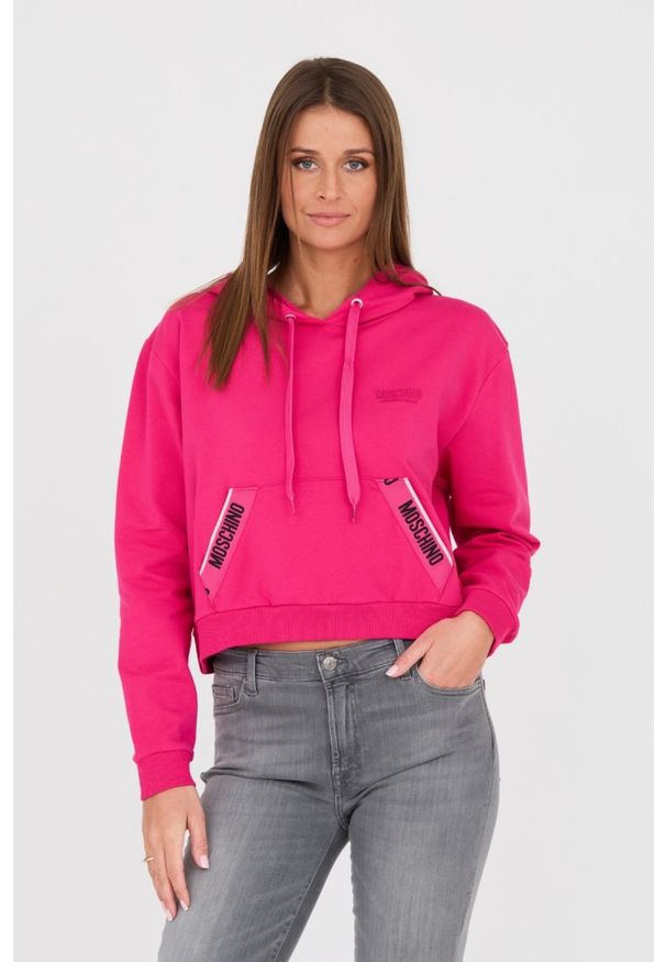 MOSCHINO Różowa damska bluza z kapturem i lampasami, Rozmiar S. Typ kołnierza: kaptur. Kolor: różowy