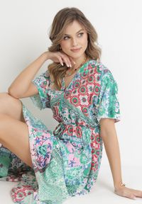 Born2be - Miętowo-Różowa Kwiecista Sukienka Midi z Gumką w Talii z Falbanką z Wiskozy Jazaria. Kolor: miętowy. Materiał: wiskoza. Sezon: wiosna, lato. Długość: midi #2