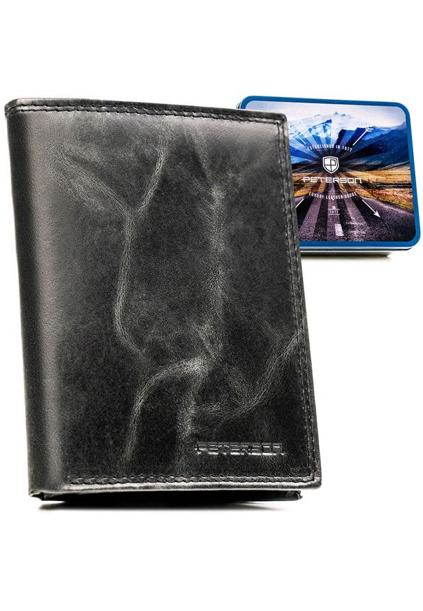 Pionowy, skórzany portfel męski w czarnym kolorze bez zapięcia zewnętrznego - Peterson. Kolor: czarny. Materiał: skóra