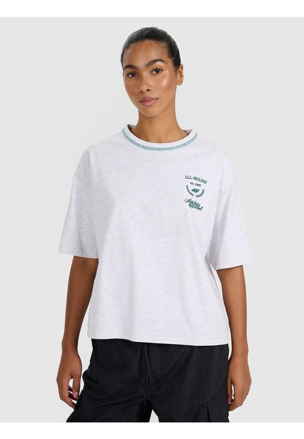 4f - 4F T-shirt oversize z nadrukiem damski - szary XS. Okazja: na co dzień. Kolor: szary. Materiał: dzianina, bawełna, materiał, jersey. Długość rękawa: krótki rękaw. Długość: krótkie. Wzór: nadruk. Styl: klasyczny, casual, sportowy