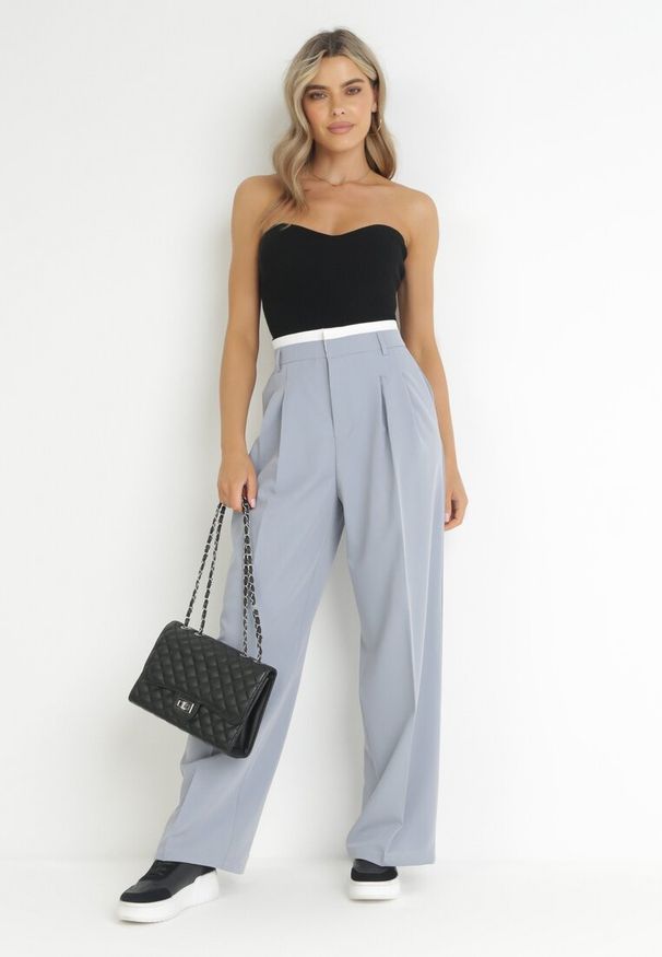 Born2be - Szare Szerokie Spodnie w Kant z Wysoką Talią Balalis. Okazja: na co dzień. Stan: podwyższony. Kolor: szary. Materiał: wiskoza. Styl: elegancki, casual, klasyczny