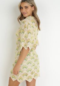 Born2be - Beżowo-Zielona Pudełkowa Sukienka Mini z Głębokim Dekoltem z Szydełkowej Bawełny Cristel. Kolor: beżowy. Materiał: bawełna. Styl: boho. Długość: mini #3