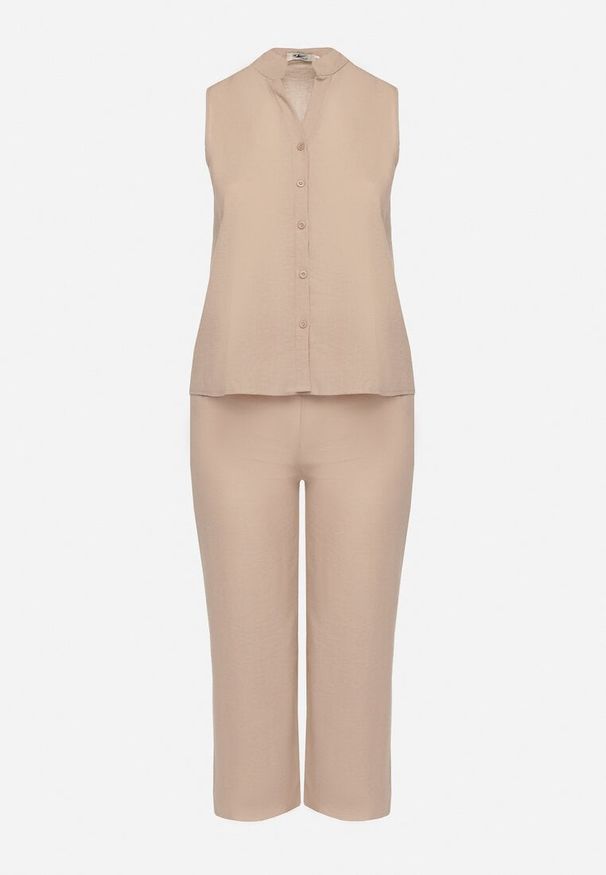 Born2be - Ciemnobeżowy Komplet Koszula bez Rękawów i Szerokie Spodnie z Gumką w Pasie Telanwena. Kolor: beżowy