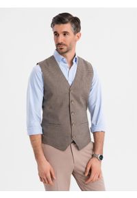 Ombre Clothing - Żakardowa kamizelka męska casual bez klap - brązowa V1. Okazja: na co dzień. Kolor: brązowy. Materiał: żakard. Wzór: gładki. Styl: casual