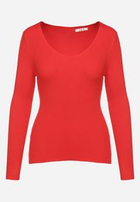 Born2be - Czerwony Sweter Prążkowany z Trójkątnym Dekoltem Vorila. Okazja: na co dzień. Kolor: czerwony. Materiał: prążkowany. Styl: casual, elegancki #6