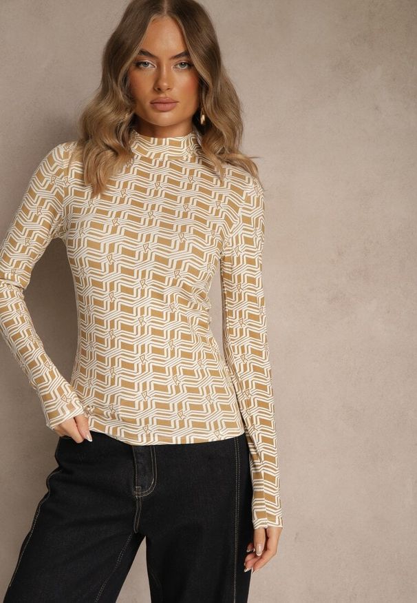 Renee - Biało-Beżowa Bluzka Longsleeve z Golfem z Bawełny w Geometryczny Print Zadanevia. Okazja: na spacer, na co dzień. Typ kołnierza: golf. Kolor: biały. Materiał: bawełna. Długość rękawa: długi rękaw. Wzór: geometria, nadruk. Styl: elegancki, casual