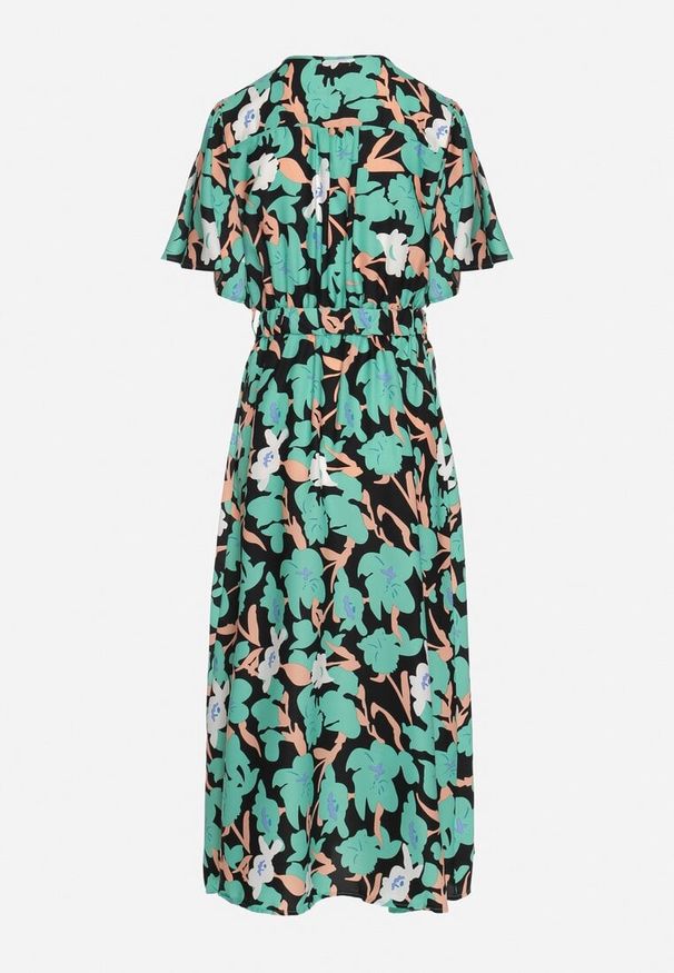 Born2be - Zielona Sukienka z Bawełną i Bufiastymi Rękawami w Kwiaty Lunedita. Okazja: na co dzień. Kolor: zielony. Materiał: bawełna. Wzór: kwiaty. Styl: elegancki, casual