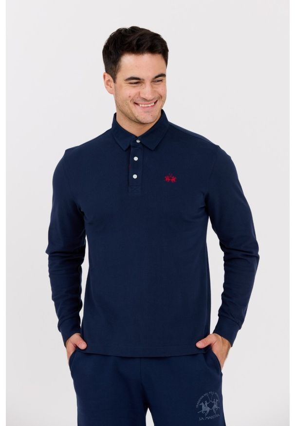 La Martina - LA MARTINA Granatowy męski longsleeve polo HEAVY JERSEY. Typ kołnierza: polo. Kolor: czarny. Materiał: jersey. Długość rękawa: długi rękaw