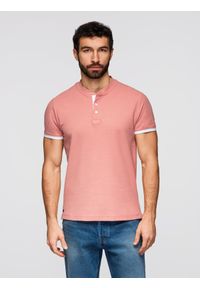 Ombre Clothing - Męska koszulka polo bez kołnierzyka - różowa V7. Typ kołnierza: bez kołnierzyka, polo. Kolor: różowy. Materiał: bawełna. Długość: długie