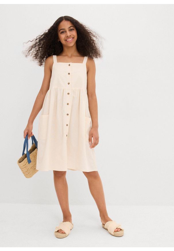 bonprix - Sukienka na ramiączkach z przewiewnej mieszanki lnu. Kolor: beżowy. Materiał: len. Długość rękawa: na ramiączkach. Sezon: lato