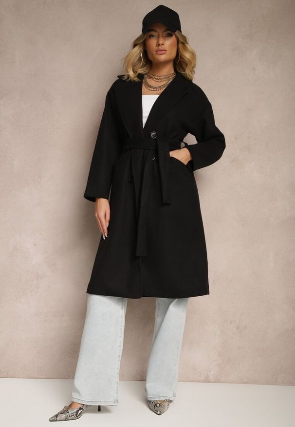 Renee - Czarny Płaszcz Dwurzędowy Wiązany Meollie. Kolor: czarny. Długość: długie. Sezon: wiosna, jesień