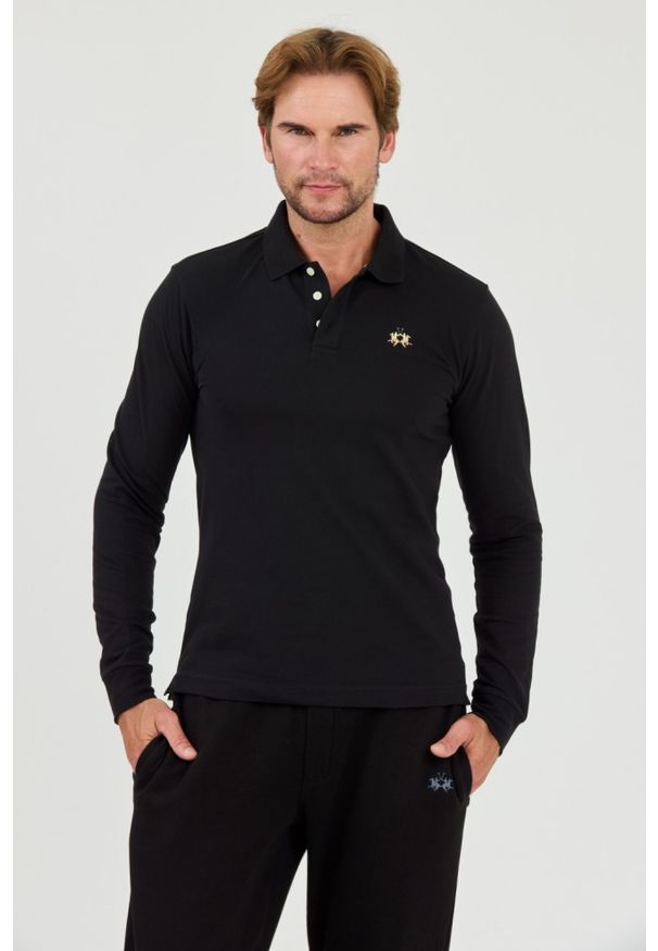 La Martina - LA MARTINA Czarny męski longsleeve polo Piquet Stretch, Rozmiar XL. Typ kołnierza: polo. Kolor: czarny. Długość rękawa: długi rękaw