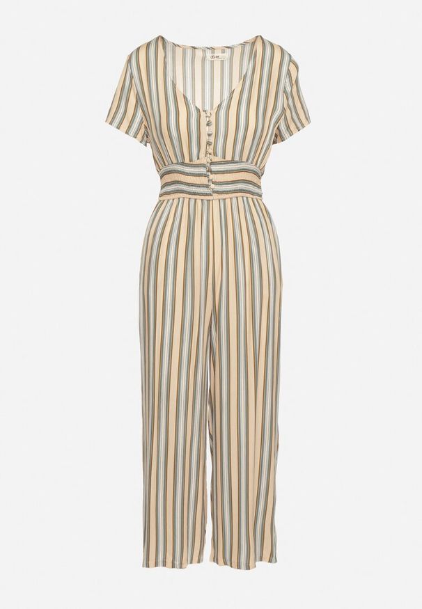 Born2be - Beżowy Wiskozowy Kombinezon z Guzikami przy Dekolcie i Elastyczną Gumką w Talii Tinaleias. Okazja: na co dzień, do pracy. Kolor: beżowy. Materiał: wiskoza. Długość: długie. Wzór: aplikacja. Styl: casual, klasyczny