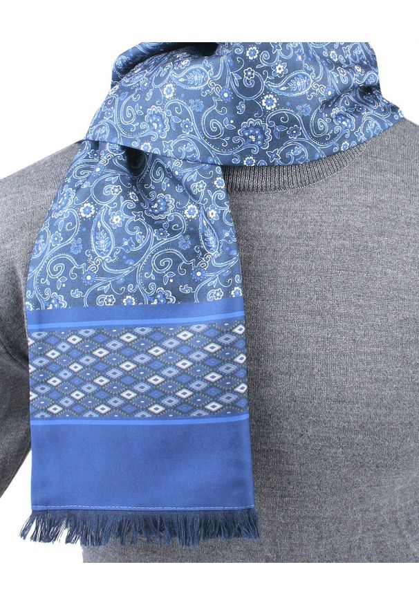 Elegancki Szalik Wełniano-Jedwabny - His Story - Niebieski w Kwiatowy Wzór. Kolor: niebieski. Materiał: jedwab, wełna. Wzór: kwiaty. Sezon: zima, jesień. Styl: elegancki