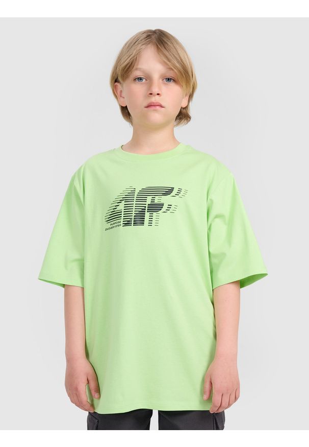 4f - 4F T-shirt oversize z nadrukiem chłopięcy - zielony 146 (10-11 lat). Okazja: na co dzień. Kolor: zielony. Materiał: jersey, bawełna, materiał. Wzór: nadruk. Sezon: lato. Styl: casual, klasyczny, sportowy