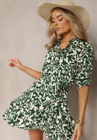 Renee - Beżowo-Zielona Wiskozowa Sukienka Koszulowa Ozdobiona Ornamentalnym Wzorem Lirenna. Kolor: beżowy. Materiał: wiskoza. Wzór: aplikacja. Typ sukienki: koszulowe #1