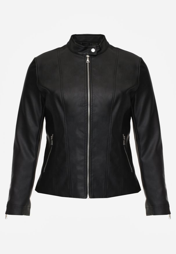 Born2be - Czarna Kurtka Ramoneska o Klasycznym Kroju ze Stójką na Nap Zeaniel. Okazja: na spacer, na co dzień. Typ kołnierza: kołnierzyk stójkowy. Kolekcja: plus size. Kolor: czarny. Materiał: poliester, skóra, jeans. Styl: klasyczny