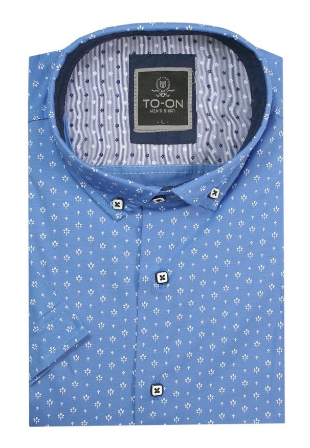 Koszula Męska Niebieska w Białe Kwiaty, Taliowana, Krótki Rękaw, Slim Fit, Motyw Florystyczny -TO-ON. Kolor: niebieski. Materiał: bawełna. Długość rękawa: krótki rękaw. Długość: krótkie. Wzór: kwiaty. Styl: elegancki