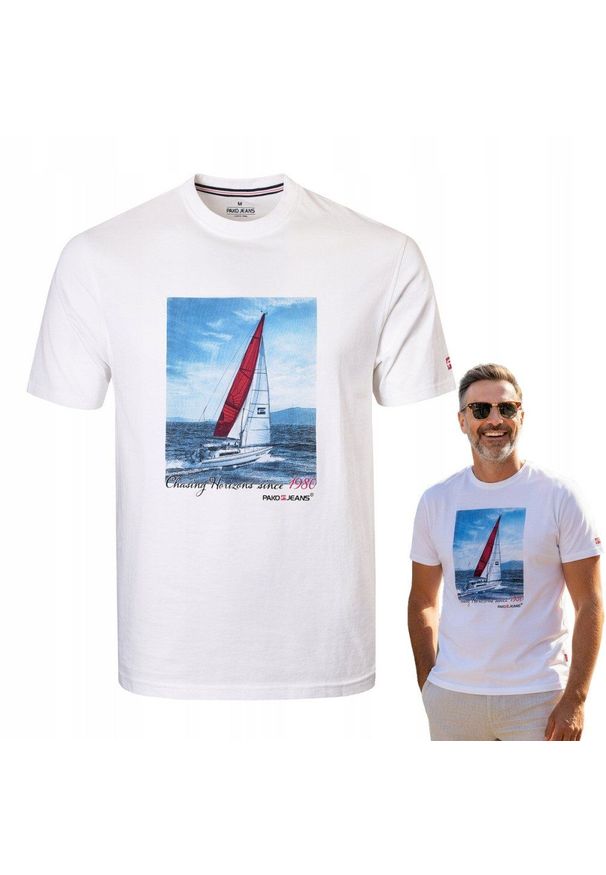 Biała Męska Koszulka (T-Shirt) - Pako Jeans - Żaglówka. Okazja: na co dzień. Kolor: biały. Materiał: bawełna. Wzór: nadruk. Styl: casual