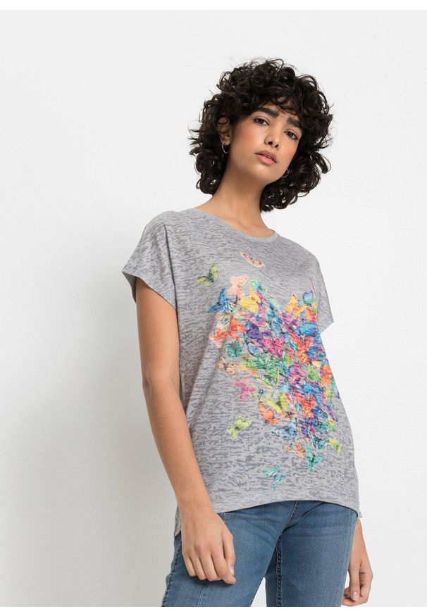 bonprix - T-shirt z nadrukiem w motyle. Kolor: szary. Wzór: nadruk