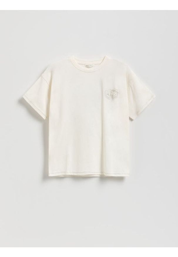 Reserved - Luźny t-shirt z nadrukiem - złamana biel. Materiał: bawełna. Wzór: nadruk