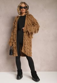 Renee - Brązowy Niezapinany Kardigan w Ozdobne Frędzle Massawa. Kolor: brązowy. Styl: elegancki