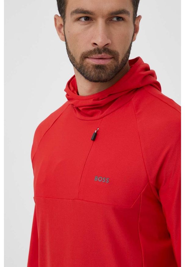 Boss Green bluza męska kolor czerwony z kapturem wzorzysta. Typ kołnierza: kaptur. Kolor: czerwony. Materiał: materiał, dzianina. Długość rękawa: raglanowy rękaw