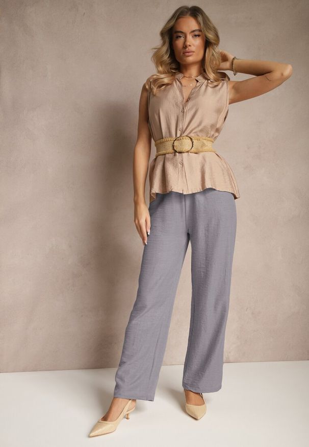 Renee - Niebieskie Klasyczne Spodnie z Gumką i Sznurkiem w Pasie Ramaya. Okazja: na co dzień. Kolor: niebieski. Materiał: materiał. Styl: klasyczny