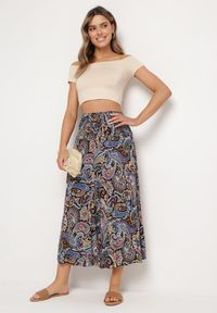 Born2be - Czarne Bawełniane Spodnie Kuloty z Wzorem Paisley Tarrisa. Okazja: na co dzień. Kolor: czarny. Materiał: bawełna. Wzór: paisley. Styl: elegancki, casual