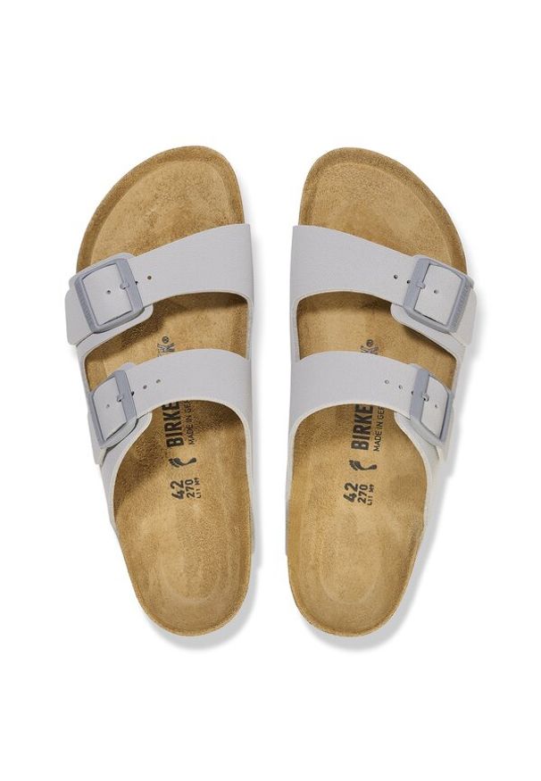 Birkenstock - BIRKENSTOCK ARIZONA BF STONE COIN Klapki damskie. Nosek buta: otwarty. Kolor: szary. Materiał: polar, welur, zamsz, materiał, syntetyk. Wzór: paski. Styl: retro