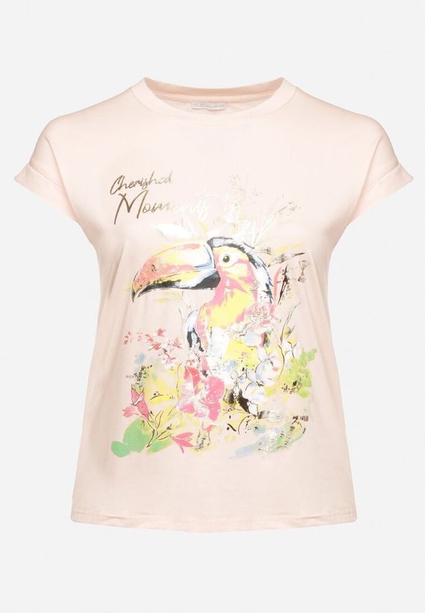 Born2be - Różowy T-shirt z Bawełny z Nadrukiem i Metalicznym Napisem Norsemi. Okazja: na co dzień. Kolor: różowy. Materiał: bawełna. Wzór: nadruk, napisy. Styl: casual