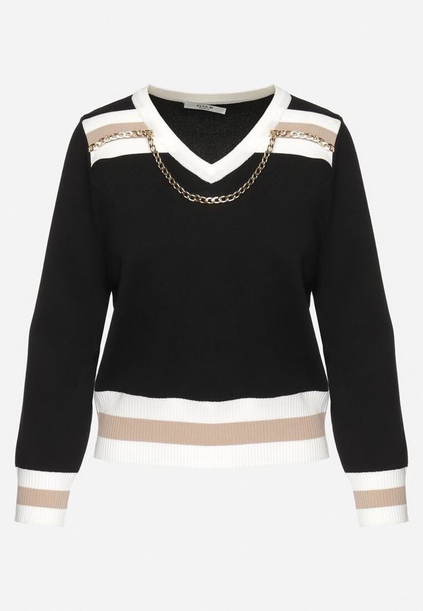 Born2be - Czarny Sweter ze Ściągaczami i Ozdobnym Metalowym Łańcuszkiem przy Dekolcie Larti. Kolor: czarny. Materiał: jeans. Styl: elegancki