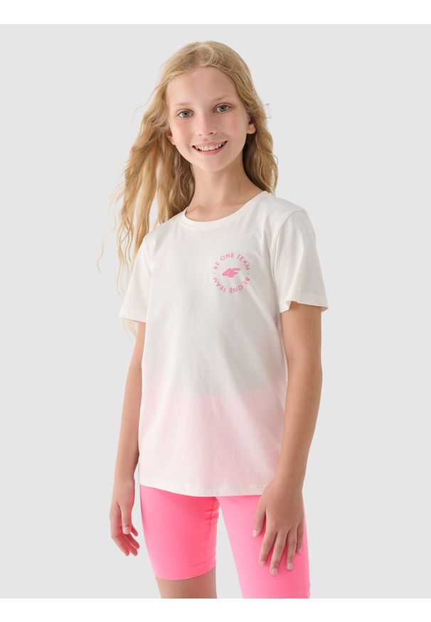 4f - 4F T-shirt z nadrukiem dziewczęcy - biały 146 (10-11 lat). Okazja: na co dzień. Kolor: biały. Materiał: bawełna, jersey, dzianina. Długość rękawa: krótki rękaw. Długość: krótkie. Wzór: nadruk. Sezon: lato. Styl: sportowy, klasyczny, casual