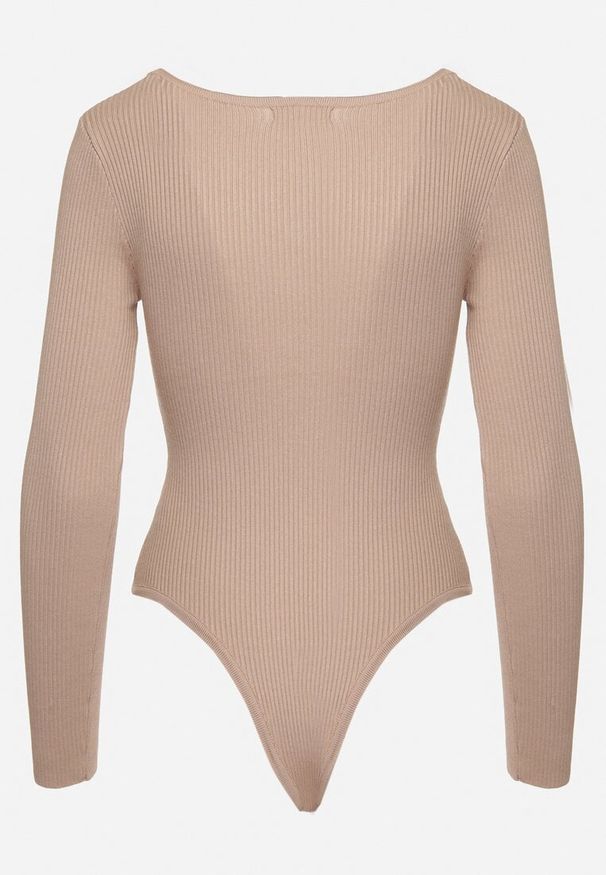 Born2be - Ciemnobeżowe Body z Ozdobnymi Kokardkami i Wycięciami z Przodu Issalia. Okazja: na co dzień. Typ kołnierza: kokarda. Kolor: beżowy. Materiał: jeans, materiał. Styl: casual