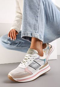 Renee - Srebrno-Różowe Sneakersy Ozdobione Brokatem i Kolorowymi Wstawkami Veradis. Kolor: srebrny. Wzór: aplikacja, kolorowy #1