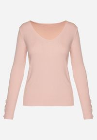 Born2be - Jasnoróżowy Sweter z Dekoltem V i Ozdobnymi Guzikami na Rękawach Atterisa. Okazja: na co dzień. Typ kołnierza: dekolt w kształcie V. Kolor: różowy. Materiał: jeans. Długość rękawa: długi rękaw. Długość: długie. Wzór: aplikacja. Styl: casual #5