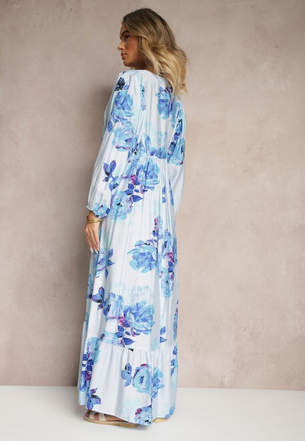 Renee - Niebieska Sukienka z Wiskozą o Rozkloszowanym Kroju w Kwiatowy Print Ridiorielle. Okazja: na co dzień. Kolor: niebieski. Materiał: wiskoza. Długość rękawa: długi rękaw. Wzór: nadruk, kwiaty. Typ sukienki: proste. Styl: casual