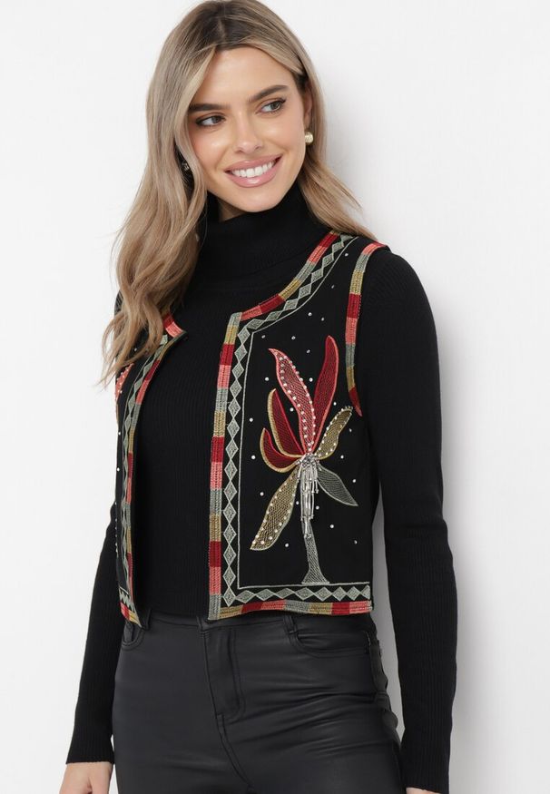 Born2be - Czarna Bawełniana Kamizelka Ozdobiona Kolorowym Haftem i Cyrkoniami Davimme. Kolor: czarny. Materiał: bawełna. Wzór: kolorowy, haft, aplikacja. Sezon: lato