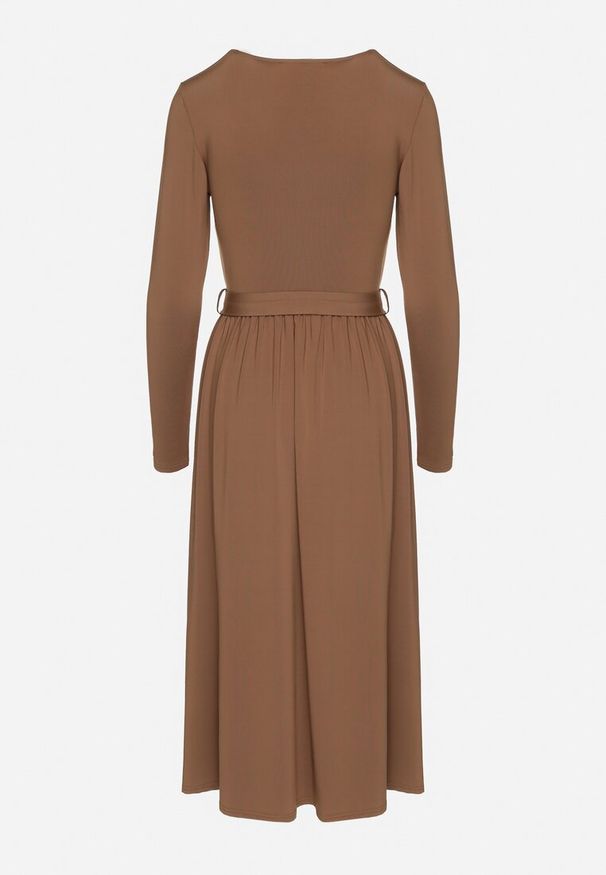 Born2be - Brązowa Sukienka Kopertowa z Wiskozą Wiązana w Talii Drestalia. Okazja: na co dzień. Typ kołnierza: dekolt w kształcie V. Kolor: brązowy. Materiał: wiskoza. Długość rękawa: długi rękaw. Typ sukienki: kopertowe. Styl: casual, klasyczny