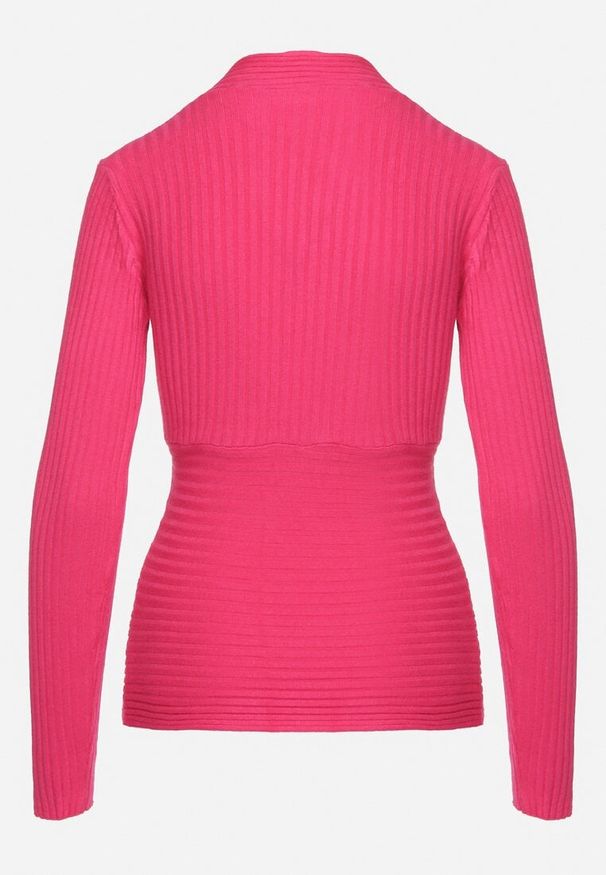 Born2be - Fuksjowy Dopasowany Sweter w Prążki z Kopertowym Dekoltem Masasani. Kolor: różowy. Materiał: bawełna. Wzór: prążki