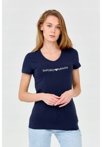 Emporio Armani - EMPORIO ARMANI Damski t-shirt granatowy, Rozmiar S. Typ kołnierza: dekolt w serek. Kolor: niebieski. Materiał: bawełna