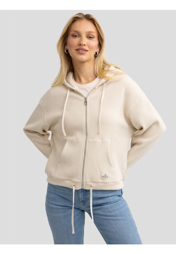 Big-Star - Bluza damska rozpinana z kapturem kremowa Grala 103. Typ kołnierza: kaptur. Kolor: kremowy. Materiał: dzianina, żakard, bawełna. Wzór: aplikacja, ze splotem